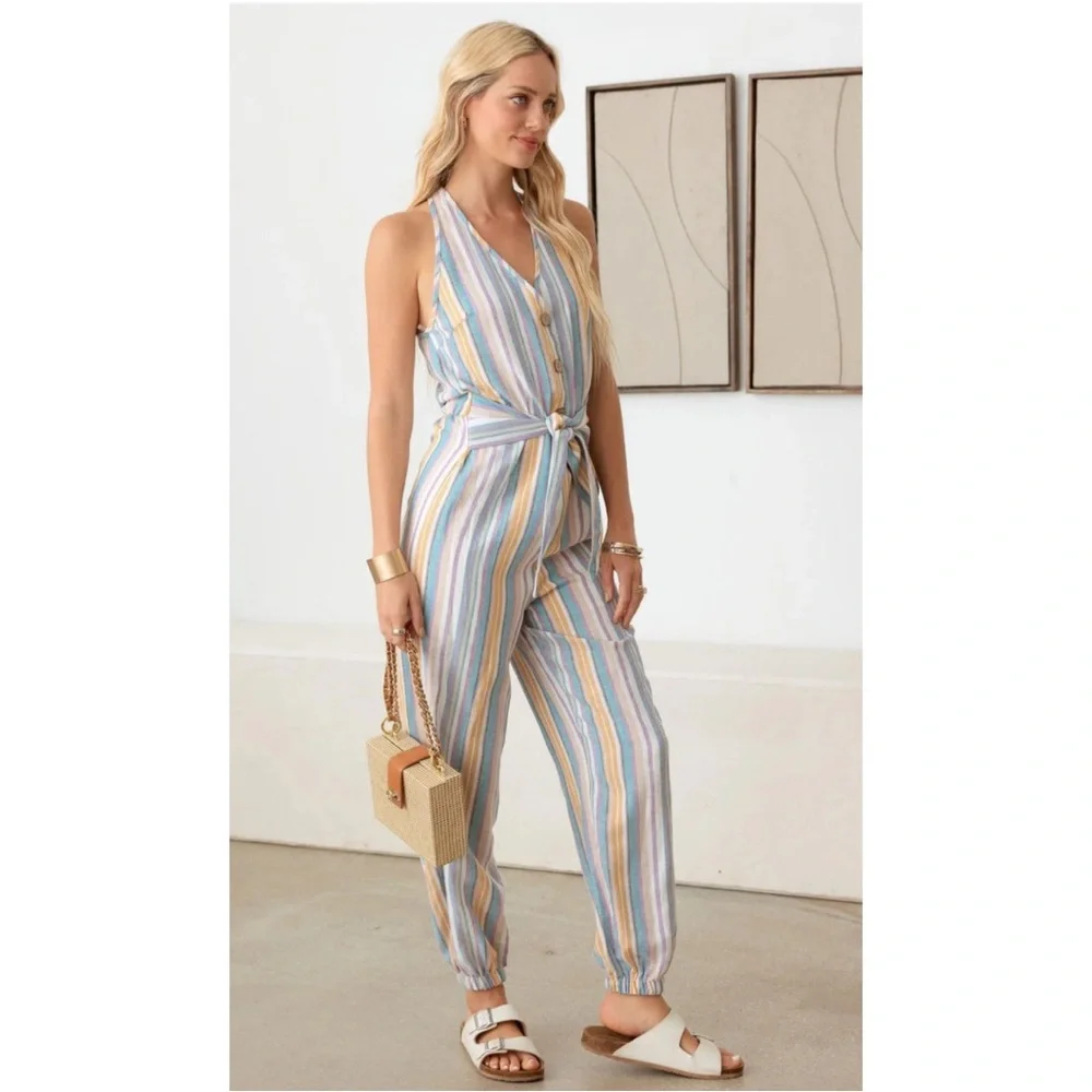 Halter stripe rayon/linen jumpsuit - Picture 3 of 7